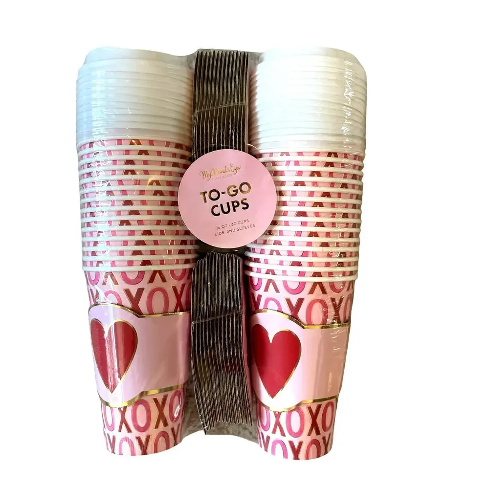 30pc Valentines Day XOXO To-Go Cups 16oz Disposable Pink & Red NEW